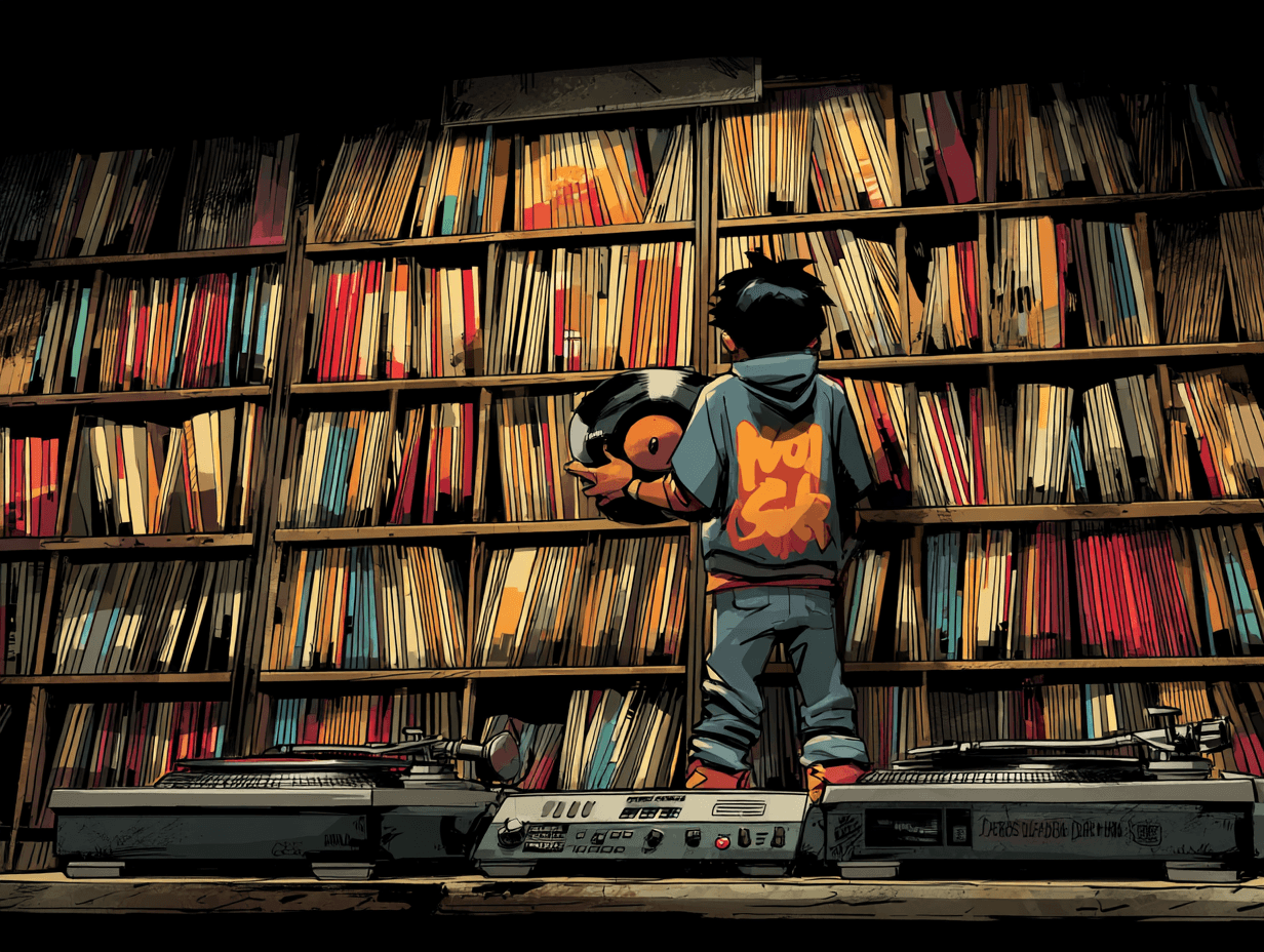 DJ mid-set behind turntables with organized record shelf