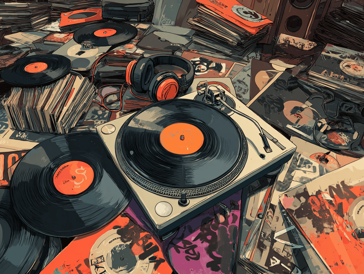 Chaotic scene of scattered vinyl records and tangled headphones